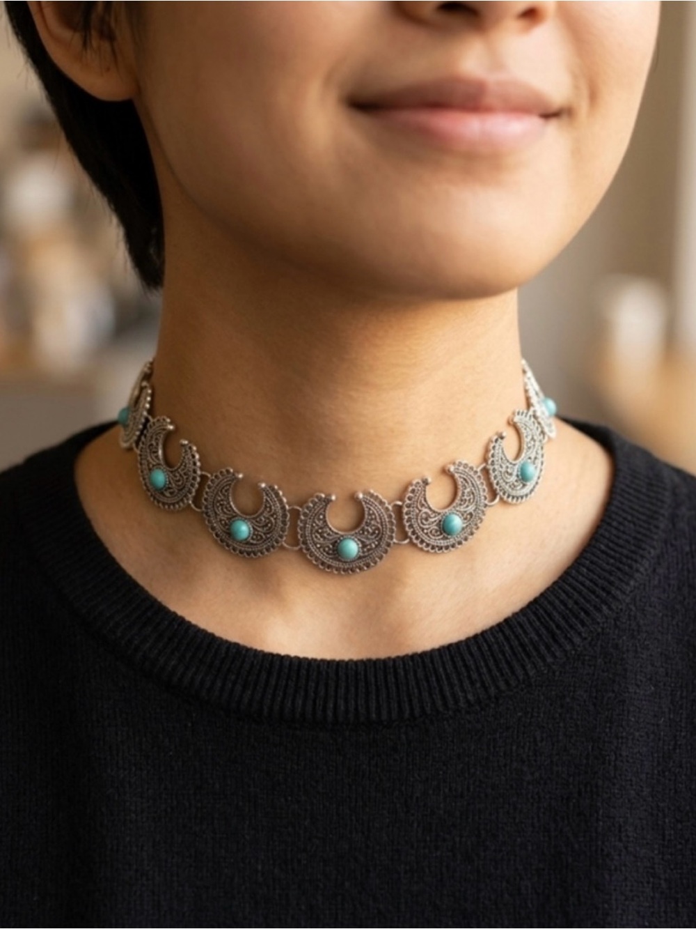 Turquoise Accent Silver Choker Necklace - Boho Statement